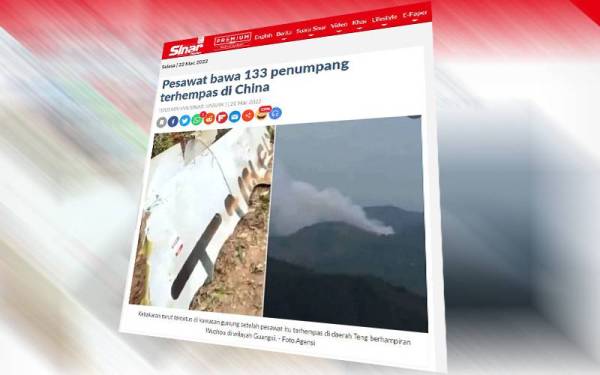 Sebuah pesawat penumpang, China Eastern yang membawa 132 penumpang dilaporkan terhempas di barat daya China dan turut mencetuskan kebakaran di kawasan gunung.