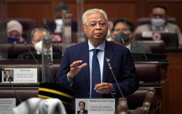 Ismail Sabri Yaakob menjawab soalan pada sesi Waktu Pertanyaan Menteri pada Persidangan Dewan Negara di Bangunan Parlimen hari ini. Foto Bernama