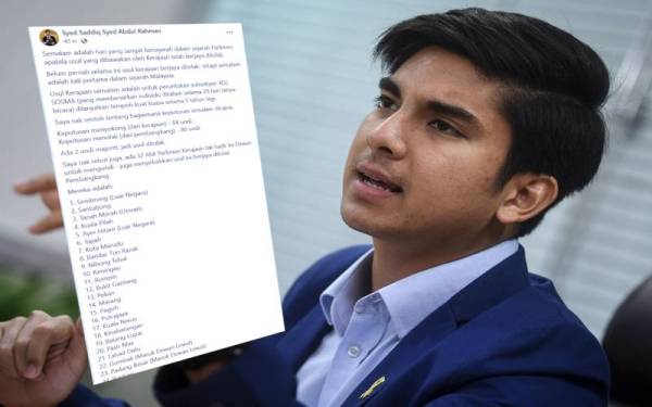 Gambar kecil: Hantaran Syed Saddiq di Facebook yang menyenaraikan Parlimen tidak hadir undi belah bahagi di sidang Dewan Rakyat petang Rabu