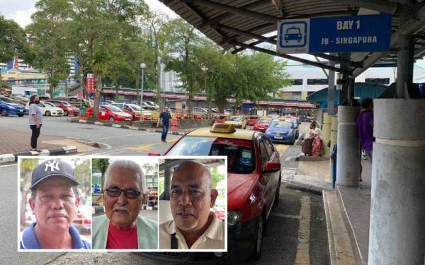 Kenderaan teksi yang berada di ruangan Teksi JB-Singapura di Terminal Bas Larkin Sentral di sini, pada Jumaat. (Gambar kecil dari kiri: Mohd Drus, Yaacob, Azali)