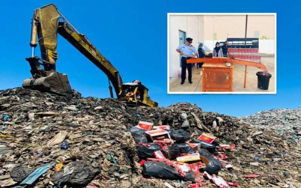 Sisa pelupusan dibuang di tapak pelupusan sampah Majlis Bandaraya Kuala Terengganu (MBKT) di Belara, Kuala Nerus. (Gambar kecil: Muhammad Suffi (kiri) melakukan proses pelupusan melibatkan 330,000 batang rokok seludup yang dirampas pada Ogos tahun lalu.)