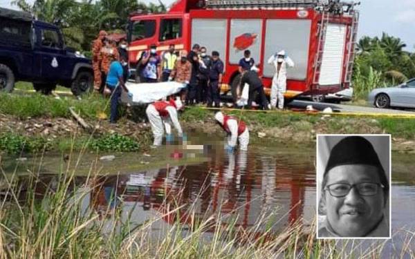 Pasukan bomba membantu operasi mengangkat mayat mangsa yang ditemui di tali air Parit 8 Barat, Sungai Besar pada Rabu. Gambar kecil: Misran