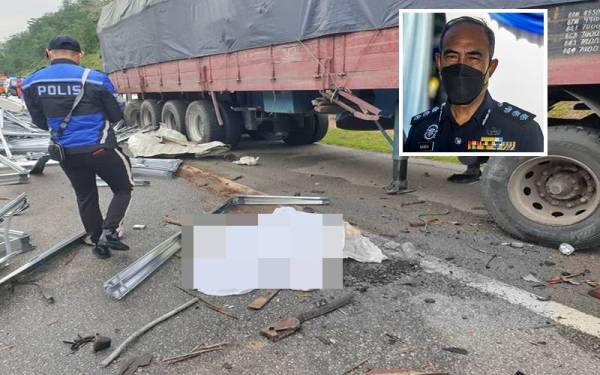 Mangsa meninggal dunia di lokasi akibat parah pada keseluruhan badan. - Foto ihsan polis (Gambar kecil: Nanda)