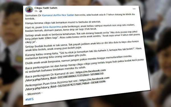 Perkongsian Cikgu Fadli Salleh di laman Facebook beliau pada Selasa.