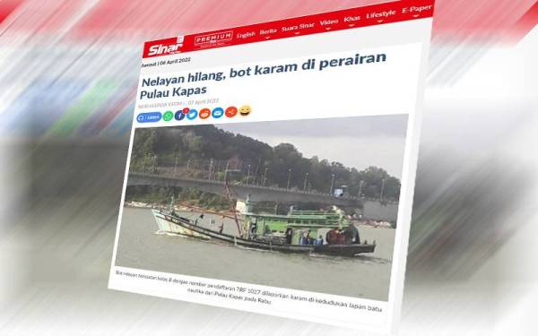 Sinar Harian pada Khamis melaporkan seorang nelayan dikhuatiri hilang manakala dua yang lain terselamat selepas bot dinaiki mereka karam di perairan Pulau Kapas dalam kejadian jam 12.30 tengah hari Rabu.