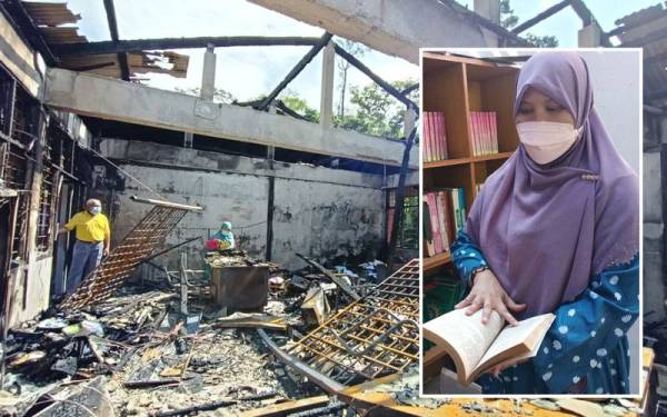 Ibrahim menunjukkan keadaan ruang pejabat sekolah yang musnah dalam kebakaran di aras satu bangunan pada Jumaat. Gambar kecil: Khairiyah menunjukkan naskhah tafsir dan al-Quran yang masih sempurna dalam kebakaran di aras satu bangunan pada Jumaat.