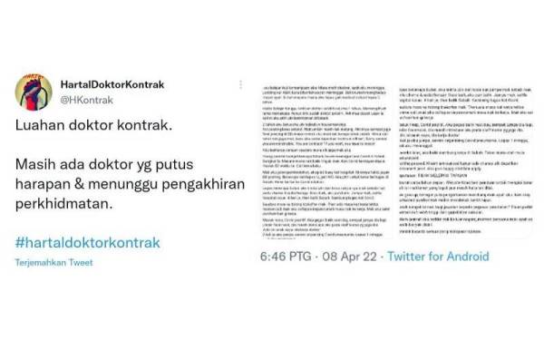 Luahan hati Dr Prabakaran dikongsi di Twitter HartalDoktorKontrak pada Sabtu.