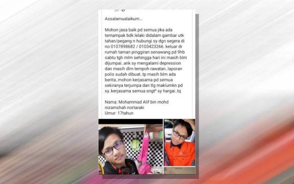 Zarina turut membuat hebahan berhubung kehilangan Mohammad Alif di Facebook. - Foto Facebook