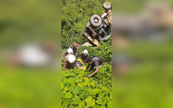 Anggota bomba dari BBP Jerantut membantu menaikkan mangsa sebelum diserahkan kepada pihak polis untuk tindakan selanjutnya. - Foto JBPM Pahang