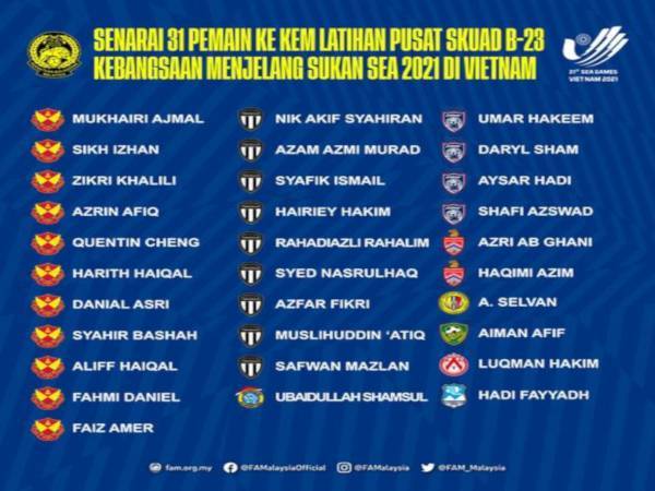 Senarai 31 pemain ke kem latihan pusat skuad B-23 kebangsaan menjelang Sukan SEA 2021 di Vietnam. - Sumber Facebook FAM