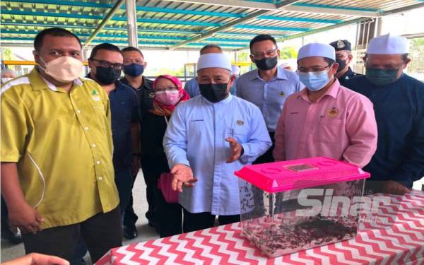 Tuan Ibrahim (tiga dari kanan) menunjukkan kotak yang mengandungi Black Soldier Fly (BSF) di Pasar Borong Pasar Borong Tanah Merah, pada Ahad.