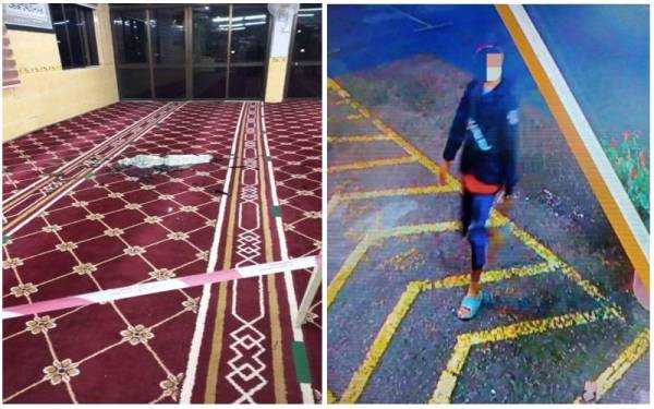 (Gambar kiri) Batu nisan yang dipercayai dibaling dalam Masjid Al Ittihad. (Gambar kanan) Seorang lelaki dipercayai melakukan perbuatan khianat dengan membaling batu nisan dalam Masjid Al Ittihad, Sungai Kob, Kulim, di sini, pada Rabu.