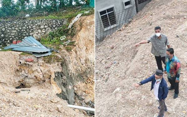 Taufik menunjukkan kawasan berlakunya pergerakan tanah didakwa berpunca daripada projek perumahan bersebelahan sekolah.