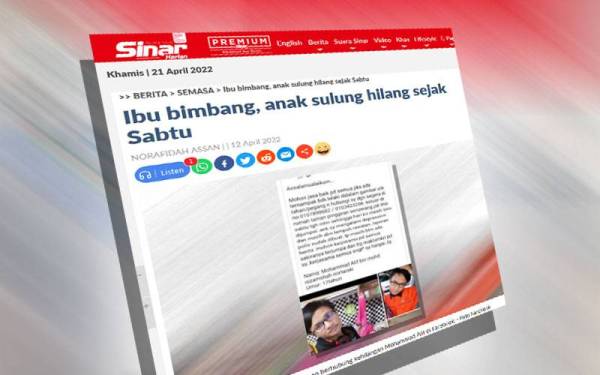 Laporan Sinar Harian berhubung kehilangan Mohammad Alif Mohd Nizamshah Nortaraki.