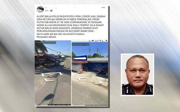 (Gambar kecil kanan: Yahaya) Tangkap layar status Facebook 'Antidadah Rasuah Tamanku' mendakwa pegawai polis melindungi aktiviti narkotik dan penjualan mercun di Ipoh. - Foto Ihsan pembaca