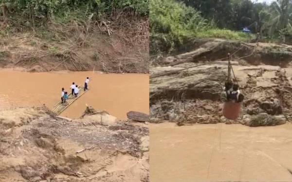 Murid menyeberang sungai dengan menggunakan rakit dan zip line untuk berulang alik ke sekolah.