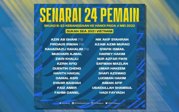 Senarai 24 pemain yang bakal membawa cabaran negara di Sukan SEA Hanoi.