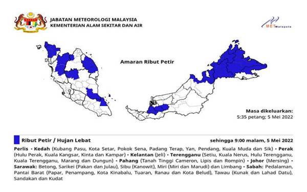 MetMalaysia mengeluarkan amaran ribut petir dan hujan lebat yang dijangka berlaku di sembilan negeri sehingga jam 9 malam ini