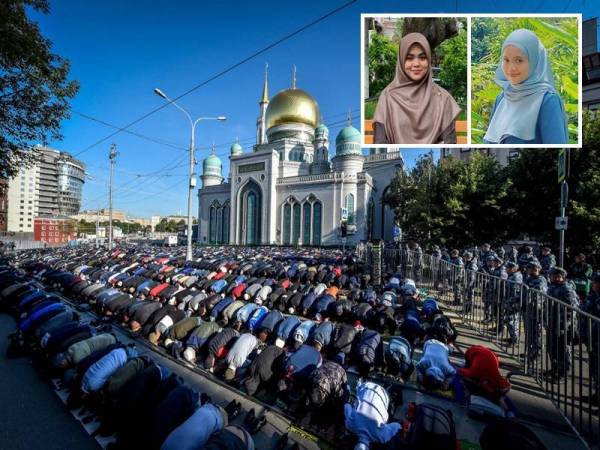 Umat Islam menunaikan solat sunat Aidilfitri di pekarangan masjid di Moscow, Rusia pada Isnin. Gambar kecil dari kiri : AISYAH NURSYAZA dan FARZANA