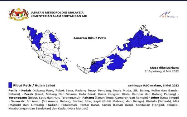 Amaran ribut petir dikeluarkan METMalaysia di Twitter pada petang Jumaat.