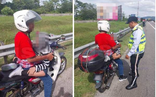 Bapa gendong anak naik motosikal dibantu polis peronda pada Sabtu.