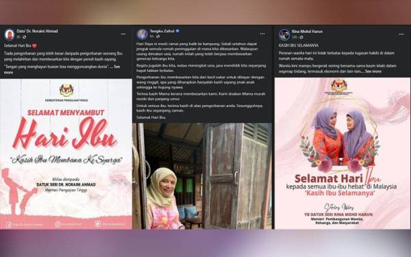 Antara pemimpin yang menzahirkan penghargaan kepada ibu masing-masing menerusi catatan dimuat naik di Facebook sempena sambutan Hari Ibu pada Ahad.