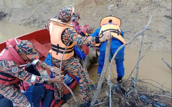 Anggota bomba dibantu anggota APM mengangkat dan menaikkan mayat mangsa sebelum diserahkan kepada pihak polis untuk tindakan lanjut. - Foto JBPM Pahang