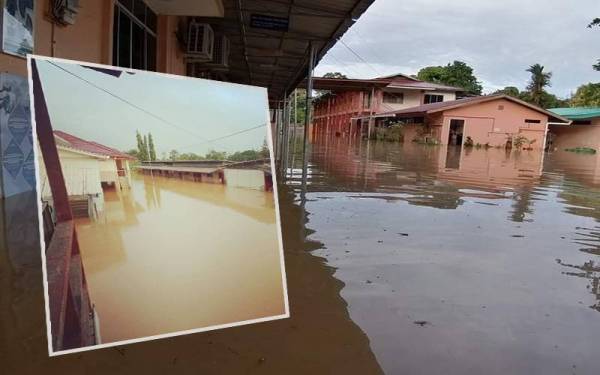 Keadaan banjir yang berlaku di Sekolah Menengah Saint Paul, Beaufort. (Gambar dalam : SK Gumisi, Tenom turut terjejas dengan banjir kilat.)