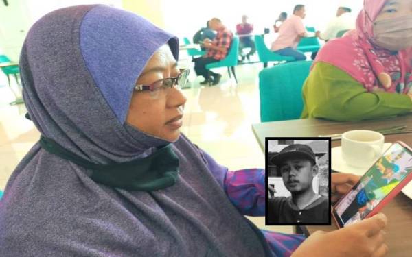 Maizatulakmam menatap gambar Muhammad Nasrun ketika ditemui di Hotel Casuarina Kuala Kangsar yang menjadi lokasi penginapan waris mangsa. (Gambar kecil: Muhammad Nasrun)