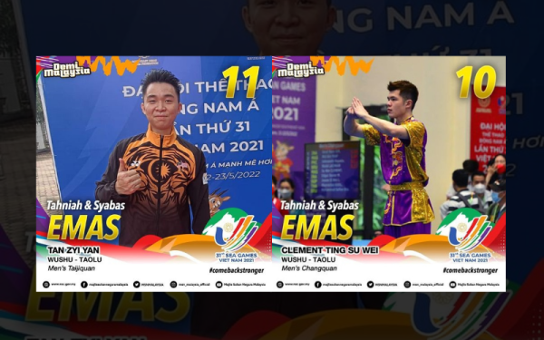 Gambar kiri: Zhi Yan meraih emas ke-11 negara dalam acara Wushu Sukan SEA Hanoi 2021. - Foto Facebook MSN
Gambar kanan: Clement Ting meraih emas ke-10 negara. - Foto Facebook MSN