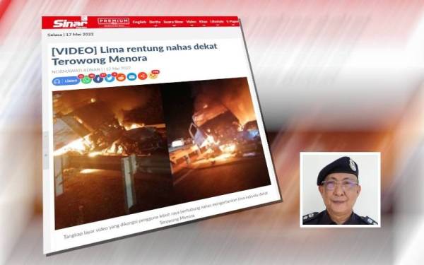 Kemalangan melibatkan sebuah kereta dan treler di Kilometer 245.2 Lebuhraya Utara Selatan arah utara berhampiran Terowong Menora di sini, tengah malam Rabu lalu yang mengakibatkan lima pelajar Universiti Sultan Azlan Shah (USAS) terkorban. (Gambar kecil: Omar Bakhtiar)