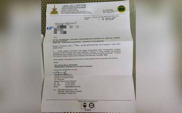 Notis penamatan kontrak yang diberikan oleh JAIS kepada guru KAFA akibat menolak vaksin Covid-19.