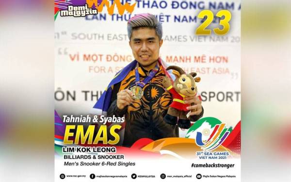 Kok Leong memenangi pingat emas Sukan SEA acara perseorangan 6-Red snuker lelaki di Ha Dong Gymnasium pada malam Selasa. - Foto MSN