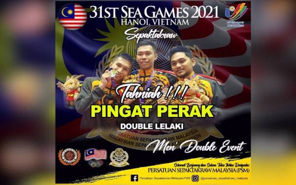 Skuad sepak takraw negara meraih pingat perak dalam acara beregu lelaki pada aksi final di Gimnasium Hoang Mai di Hanoi pada Khamis. Foto PSM