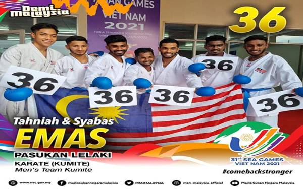 Pasukan kumite lelaki melengkapkan sasaran 36 pingat emas kontinjen Malaysia pada Sukan SEA 2021 di Gimnasium Sukan Wilayah Ninh Binh sebentar tadi.
FOTO: FB MSN