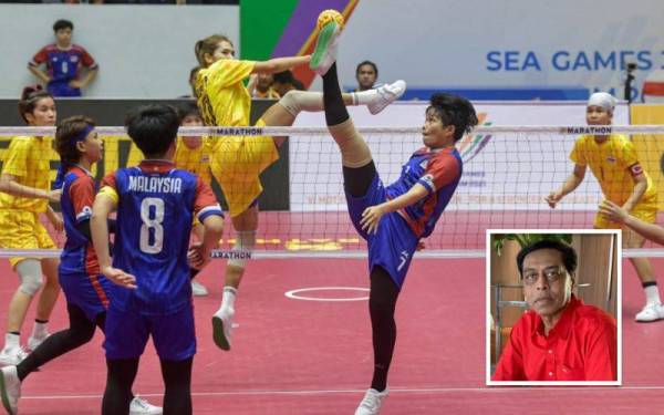 Pemain sepak takraw wanita kebangsaan Nur Asmidi Rambli melakukan rejaman ketika menentang pasukan Thailand pada acara Quadrant Wanita peringkat kumpulan pada Sukan SEA ke-31 di Pusat Sukan Hoang Mai pada Jumaat. - Foto Bernama (Gambar kecil: Abdul Halim)