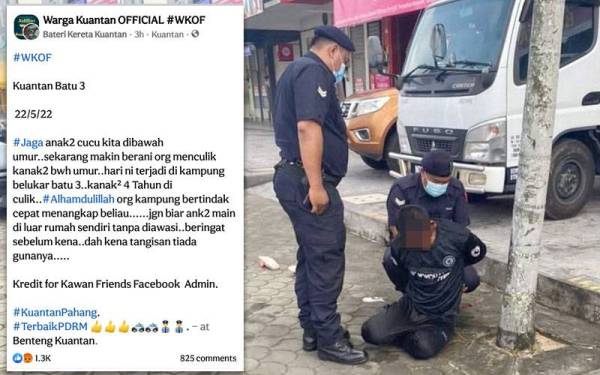 Lelaki warga Myanmar ditahan polis selepas cuba menculik kanak-kanak berusia empat tahun di Batu Tiga, Jalan Gambang pada Ahad. - Foto ihsan FB Wkof