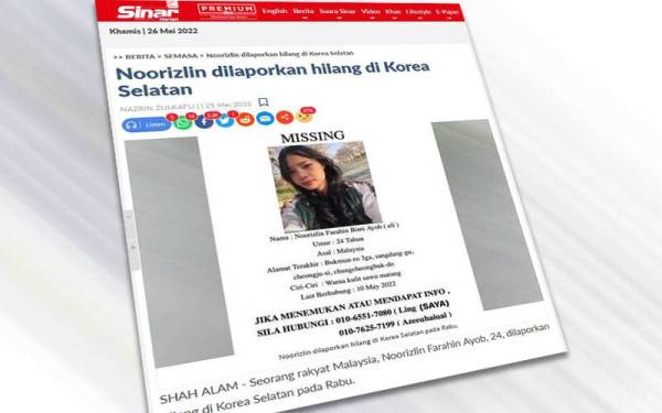 Laporan Sinar Harian pada Rabu mengenai kehilangan seorang rakyat Malaysia yang ditularkan melalui laman Facebook.