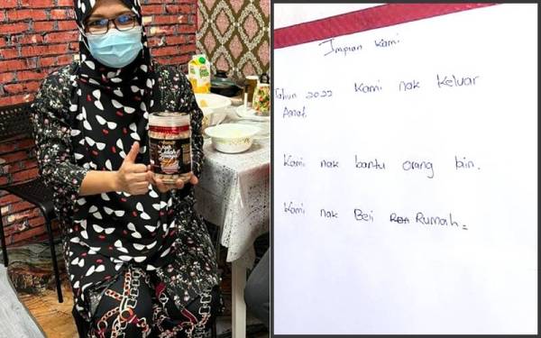 Anisah menunjukkan produk kerepek lidah buaya yang dihasilkannya dan mendapat permintaan tinggi dalam kalangan pelanggan.(Gambar Kanan)Zulkhairul dan Anisah menampal 'impian' mereka di dinding rumahnya untuk kekal fokus mencapai cita-cita mereka. - Foto FB LZS.