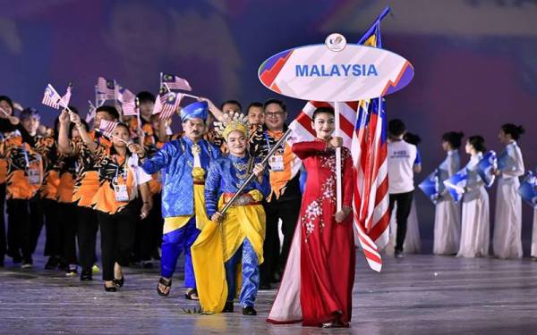 Perarakan masuk kontinjen Malaysia ketika majlis perasmian pembukaan temasya Sukan SEA Hanoi 2021 di Kompleks Sukan Nasional My Dinh pada 12 Mei lalu.