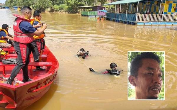 Anggota bomba Pahang melakukan operasi mencari dan menyelamat kanak-kanak tiga tahun yang didakwa hilang serta dikhuatiri terjatuh ke dalam Sungai Kuantan. Gambar kecil: Muhammad Sukri