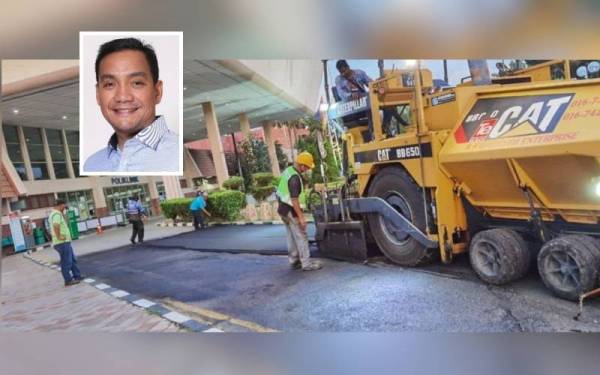 Kerja-kerja membaik pulih jalan di kawasan HSA yang didapati rosak sebelum ini sudah mula dijalankan. Gambar kecil: Onn Hafiz