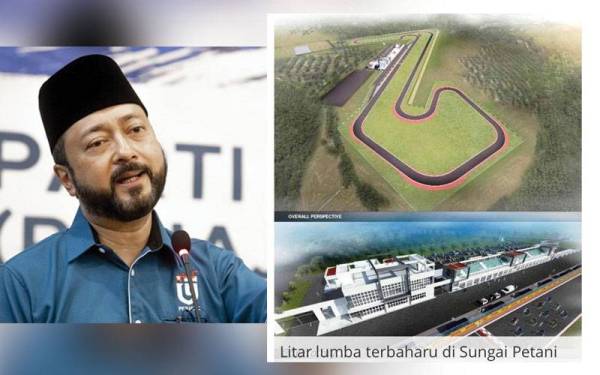 Ilustrasi cadangan pembangunan kompleks litar lumba di Sungai Petani. (Sumber: Facebook Litar lumba bermotor Sungai Petani race track). Gambar kiri: Mukhriz