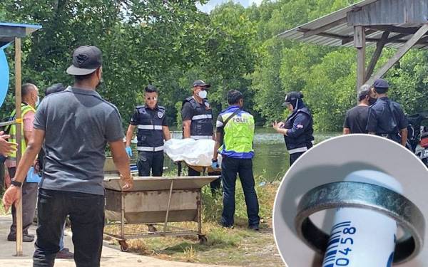 Mayat dalam keadaan tangan dan kaki diikat manakala kepala hingga pinggang diserkup menggunakan guni ditemukan terapung di Kampung Sungai Batu Besi, Mukim Bujang pada Jumaat. Gambar kecil: Sebentuk cincin yang mempunyai tulisan 'Wana Love Wan' ditemui pada jari kiri mangsa.