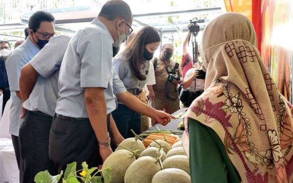 Izham (kiri) mengiringi Tengku Permaisuri Selangor, Tengku Permaisuri Norashikin Abdul Rahman ketika Majlis Pelancaran Benih Tanaman Selangor di SFV di Bestari Jaya pada Khamis.