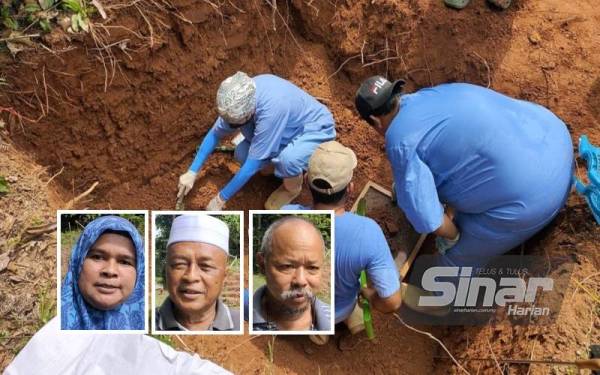 Forensik HTAA menjalankan kerja-kerja pengalihan jenazah yang dikemukakan di kawasan berbukit di Kampung Aur untuk dipindahkan ke Tanah Perkuburan Islam Kampung Aur Bukit Ibam. (Gambar kecil dari kiri: Roszawati, Ariffin, Mohd Tab)