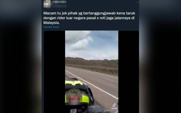 Tangkap layar perkongsian @EppyFizul di laman Twitter mengenai video penunggang motosikal berkuasa tinggi dari luar negara 'menghentam' pihak bertanggungjawab yang gagal membaik pulih jalan berlubang di Malaysia.