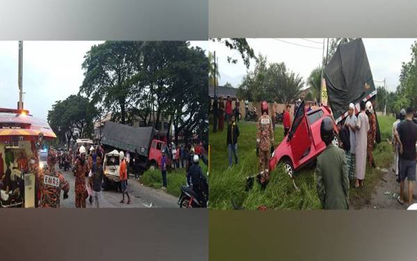 (Gambar kiri) Lori dipercayai hilang kawalan selepas tayar belakang pecah tiba-tiba telah merempuh tujuh kenderaan lain. Foto: ihsan pembaca.(Gambar kanan)