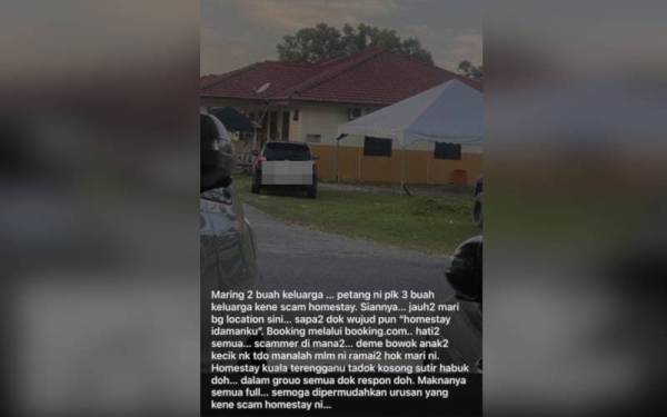 Status yang dimuat naik di laman sosial Facebook mengenai homestay yang tidak wujud di sebuah kampung di daerah Kuala Terengganu.