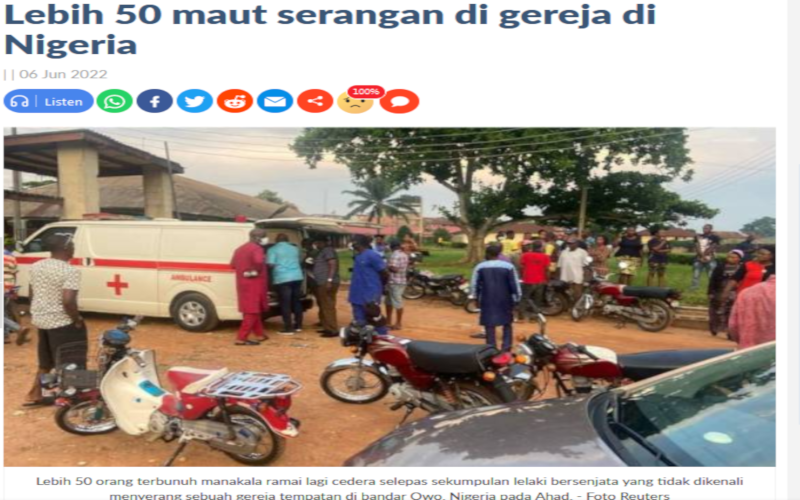 Lebih 50 orang terbunuh selepas sekumpulan lelaki bersenjata menyerang sebuah gereja tempatan, pada Ahad lapor media Nigeria.
